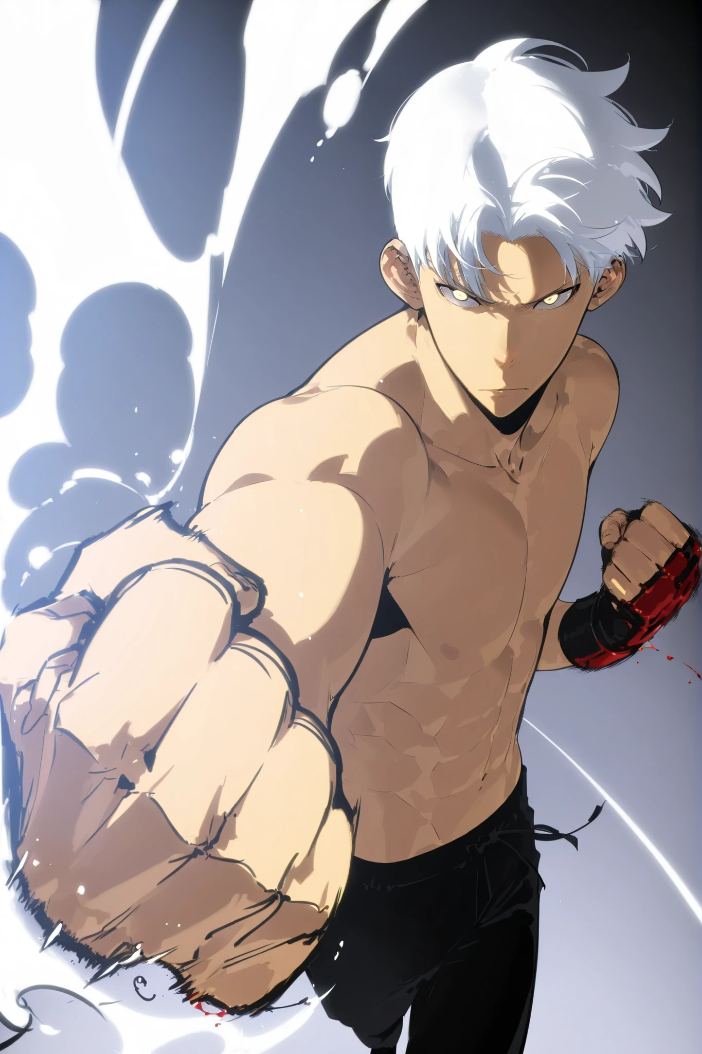 Handsome, Athletic, alone, male, Short spicky hair, long white hair, black yellow eye, no shirt, black pants, , intricate sketch, expressive eyes nose and mouth, Abs, simple pose, clench fist, martial art stance, blood on his fists , perfect Anatomy , punching pose, perspective, dutch angle