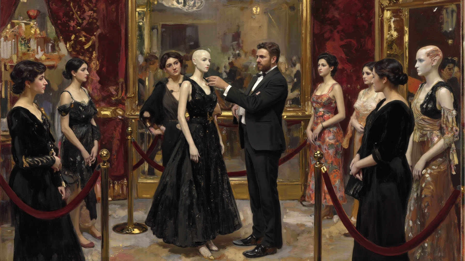 (A single correct face, not clearly divided, but harmoniously). A figure is split imperceptibly in the center, with one half representing a woman and the other a man. The face is a plausible and well-balanced mix of masculine and feminine features., perfectly harmonizing the two aspects in a unified and intriguingly ambiguous expression. The female half is elegantly dressed in a flowing blue evening dress, with delicate lace details along the neckline and sleeves. Her hair is styled in soft curls, and wears a single earring that shines in the light. The male half is dressed in an elegant blue tuxedo, a crisp white shirt and a bow tie. The tuxedo blends harmoniously with the suit, and the shirt with the dress slip, creating a harmonious fusion of the two styles. Her hair is neatly combed and she wears a shiny black shoe.. The figure embodies gender duality in one person, seamlessly blending both genres in perfect harmony. The figure is found in the middle of a crowded bar. The bar is lively, with people chatting and glasses clinking, while soft lighting casts warm tones on the scene.