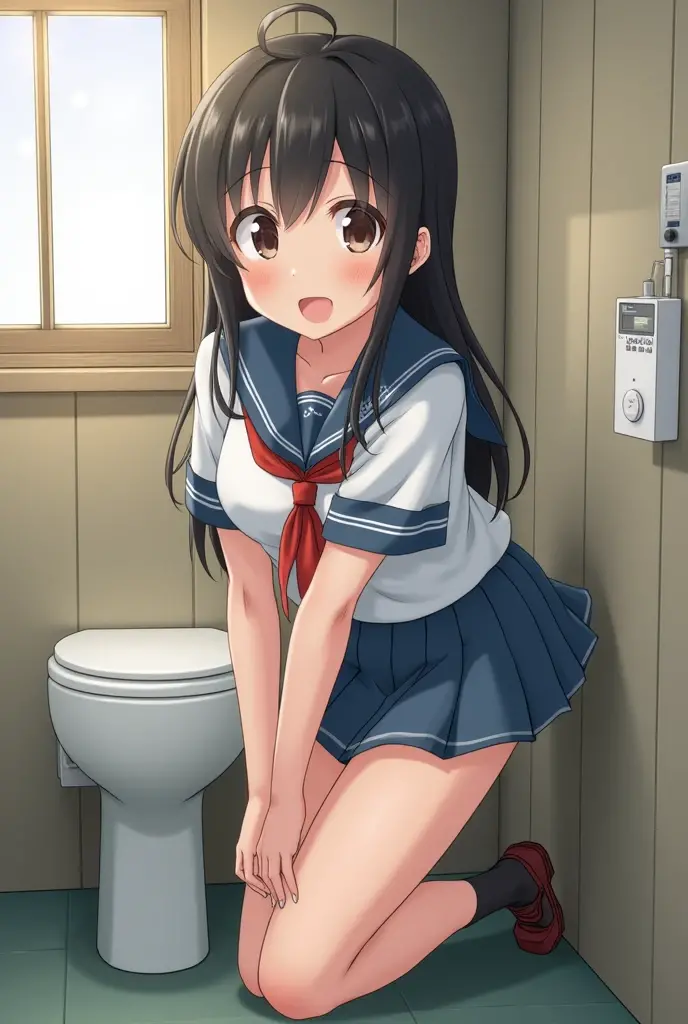 A Japanese woman in a schoolgirl uniform、Open your legs、I'm peeing naked