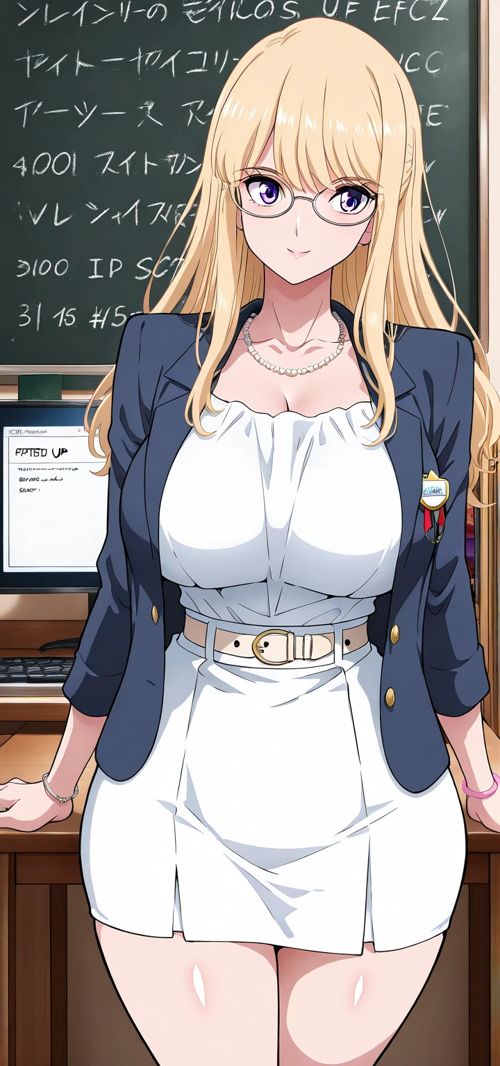 (sitting at chair office), sarielx, god rays, (white office shirt), (red bowtie), black short pants, (office room background), anime cels style, best quality, high resolution, 1girl, (huge breasts:1.2), beautiful face, cowboy shot, heterochromia, braided ponytail, braided bangs, smiling, looking at viewer