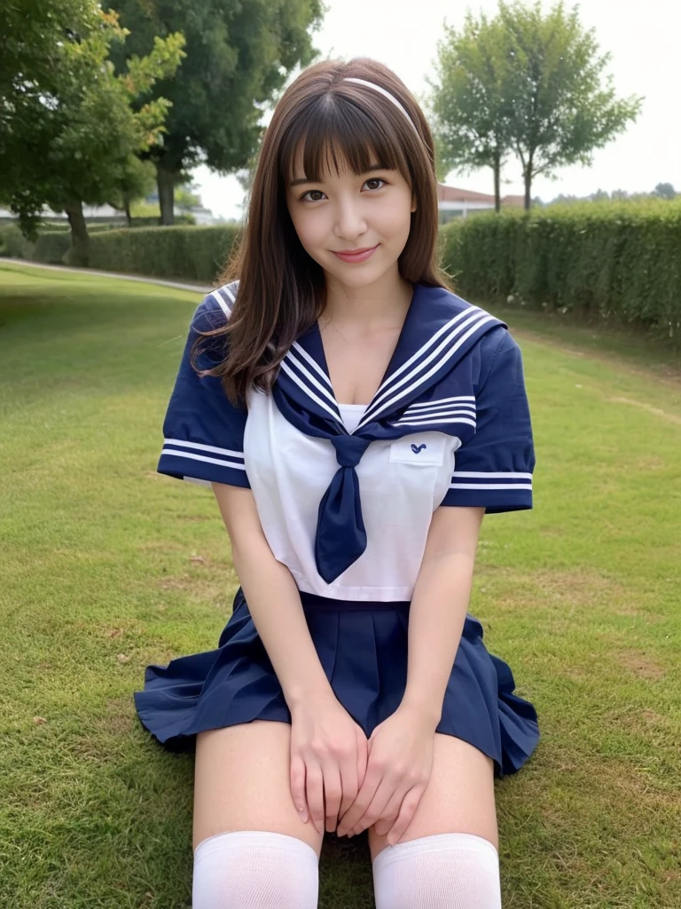 ((Highest quality、、masterpiece:1.3))、Drawing a beautiful woman，、The Girl、Revealing Japanese  uniforms、Ultra mini skirt、White panties、1 Girl、Beautiful Japanese Women:1.3、Beautiful woman with perfect style:1.4、Perfect Eyes、Kind eyes、Perfect Iris、Perfect Skin、Highly detailed face、Delicate eyes、double eyelid、smile、The knees are clearly visible:1.35、smile、Japanese Sailor Suit、(Skirt flip)、((Wearing black socks and loafers;1.33))、((Braid))、(Squatting in the park)、(While wearing (Showing panties to the camera))、