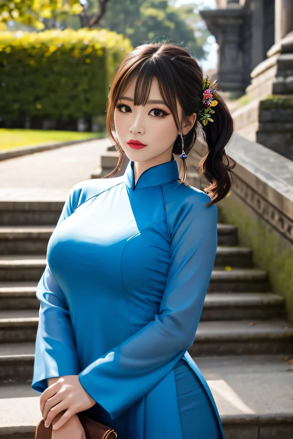 Highest quality, high resolution, masterpiece, colorful to keep.
Super beautiful woman, looks like a intimidating dominatrix, closed mouth, condescending gaze, staring at the viewer, makeup, long false eyelashes, eyeshadows, eyeliners, big breasts, updo for short, bangs, big breasts.
Ao Dai, detailed hair ornament.
Outside the royal palace, stairs, daytime, sunshine.