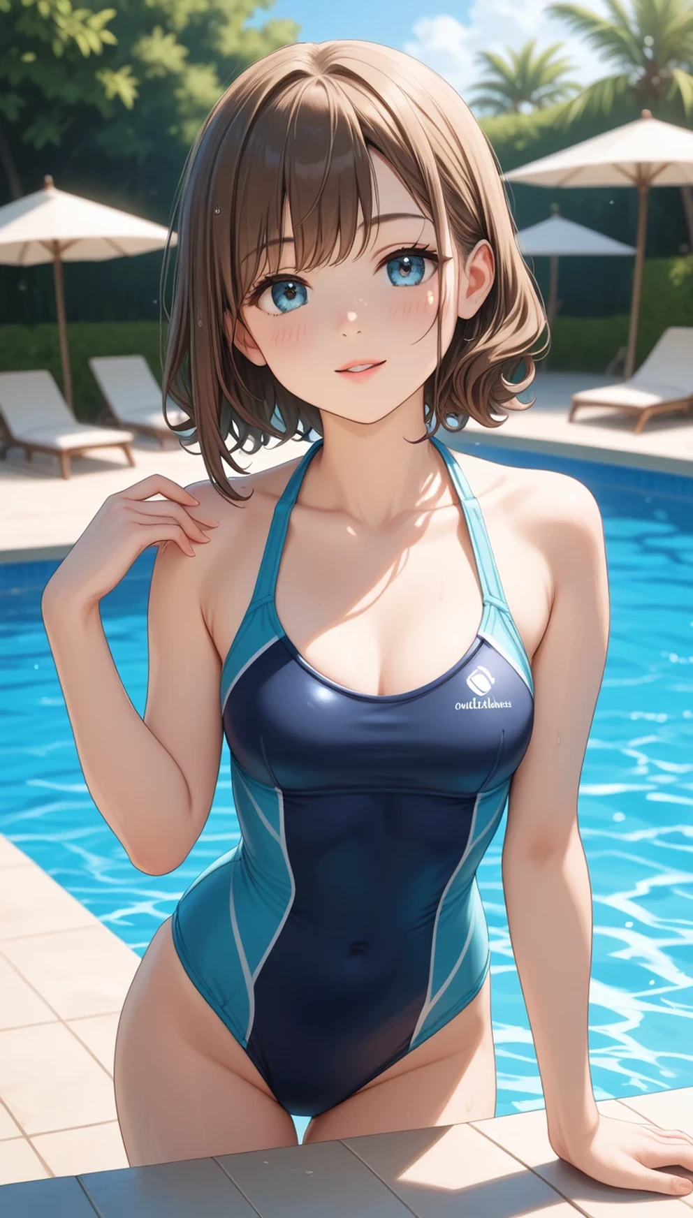 (masterpiece,highest quality,超A high resolution),japanese woman, (((Very beautiful 25 year old girl))), pretty girl、look at the photographer､  ((beautiful low ponytail)), super cute face, glossy lips, double eyelids in both eyes,natural smile、 natural makeup, long eyelashes, Shiny and smooth hair､center image,  perfect limbs, perfect ???????,(((navy blue school swimsuit)))、((See-through)),Sweat,,pool