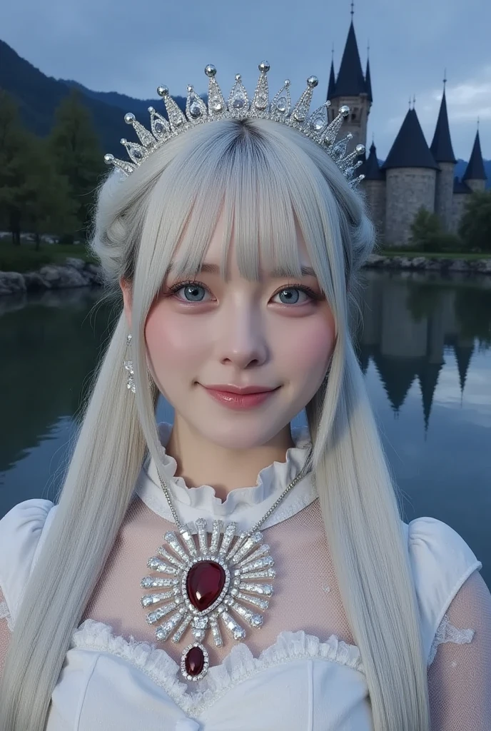 beautiful pure white frilled dress、crown、I have an accessory with a large red gemstone hanging from my neck、gorgeous earrings、White long gloves、beautiful blond woman、beautiful blue eyes、The background is a big castle in another world at midnight、