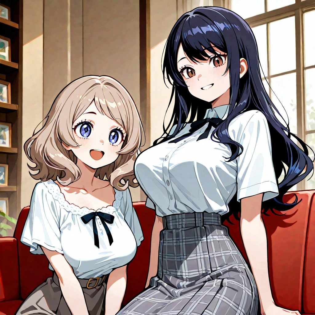 highest quality、High resolution、Detailed Background、(Beautiful face in every detail:1.4)、Anatomically correct、(Detailed facial expressions)、(Detailed eyes:1.2)、(Detailed eyes:1.2)、Beautiful women in their 30s、(Highly detailed face:1.4)、(Huge breasts:1.1)、Bobcut、Braided long hair、Wavy Hairstyle、well-groomed eyebrows、Business district、cute gesture、(Two beautiful women looking at you with big smiles:1.5)、Smiling、
Ladylike knitted dress style、Choose a midi-length knit dress、
Wear a long wool cardigan on top and a belt around the waist to accentuate the silhouette.、Pair your feet with tall boots or loafers and accentuate your look with a small clutch bag.、cute