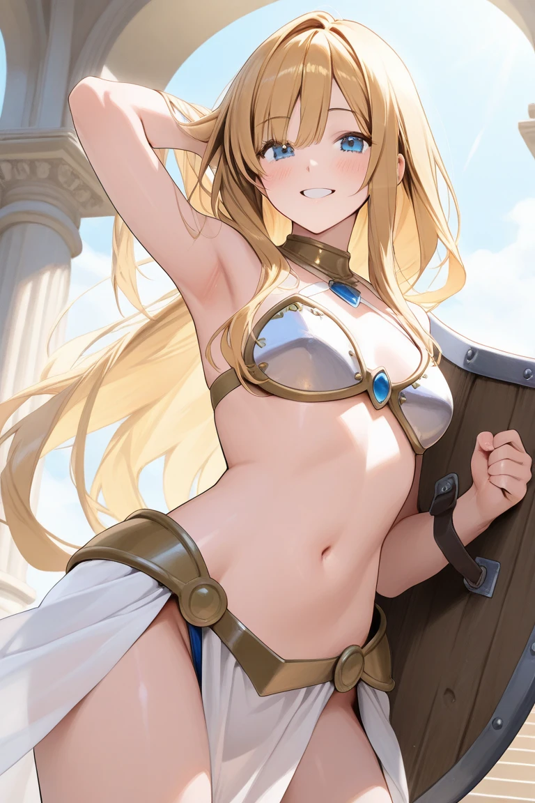 (masterpiece:1.2), (highest quality:1.2), perfect eyes, perfect face, perfect lighting, desert ((((white bikini armor)))), nsfw, 1 girl, blonde, yellow-green eyes, one eye closed, (((wavy hair))), bun_head, medium hair, cute eyes looking at the viewer ((From above)), ((abs)), (fang), sweat, closed mouth, (((glaring))), smile, ((contemptuous)), ((disdain)), contrapposto, crossed arms, ((big breasts))