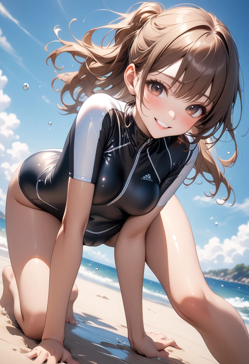 ((Lying on a rubber boat floating on the sea)), ((halterneck swimsuit)), ((The swimsuit glows fluorescent orange.)), skindentation, skinny, solo, 1 woman, Masterpiece, highest quality, highest quality, 16K, incredibly absurd, highly detailed, 2.5D, ai-generated, delicate and dynamic, very delicate facial expressions, delicate eye depiction, erotic, only sexy woman, ((A cute and kind face)), healthy figure, 25-year-old woman, bride, 160cm tall, medium firm swaying bust, (dark hair), black eye, blush, Sweat,Embarrassed,sexy, ((thin thighs)), (Erect nipples:0.9), ((shiny and lustrous)), facing straight at viewer, ((brown black skin)), ((Oily_skin)), sweaty skin, wet skin, (suntan), dutch angle, ((sexy pose)), Dynamic poses, ((Summer Sea)), Strong sunlight, ((Lying)), Navel, ((On the open sea)), Knee Up,