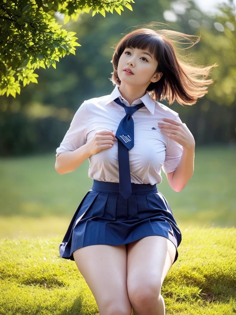(best quality, 8k, highres, photorealistic:2.0), (solo, one girl:2.0),(lighting: strong),(lighting: front),(very muscular girl:2.0),(bodybuilder girl:1.5),(shiny skin:1.5),(short hair:1.5),(pink hair color:1.5),(Squat down on one knee and spread your legs apart.:1.5),(raise both arms behind your head:1.5),(black loafers:1.5),((school uniform)),(white collar shirt),(long sleeve shirt),((ribbon bow tie:1.2)),(white socks),(blue plaid skirt),(blue pleated skirt),((Wearing white panties)),(((amazing orgasm))),(Japanese high school girl),Location at high school,((very beautiful girl)),large breasts