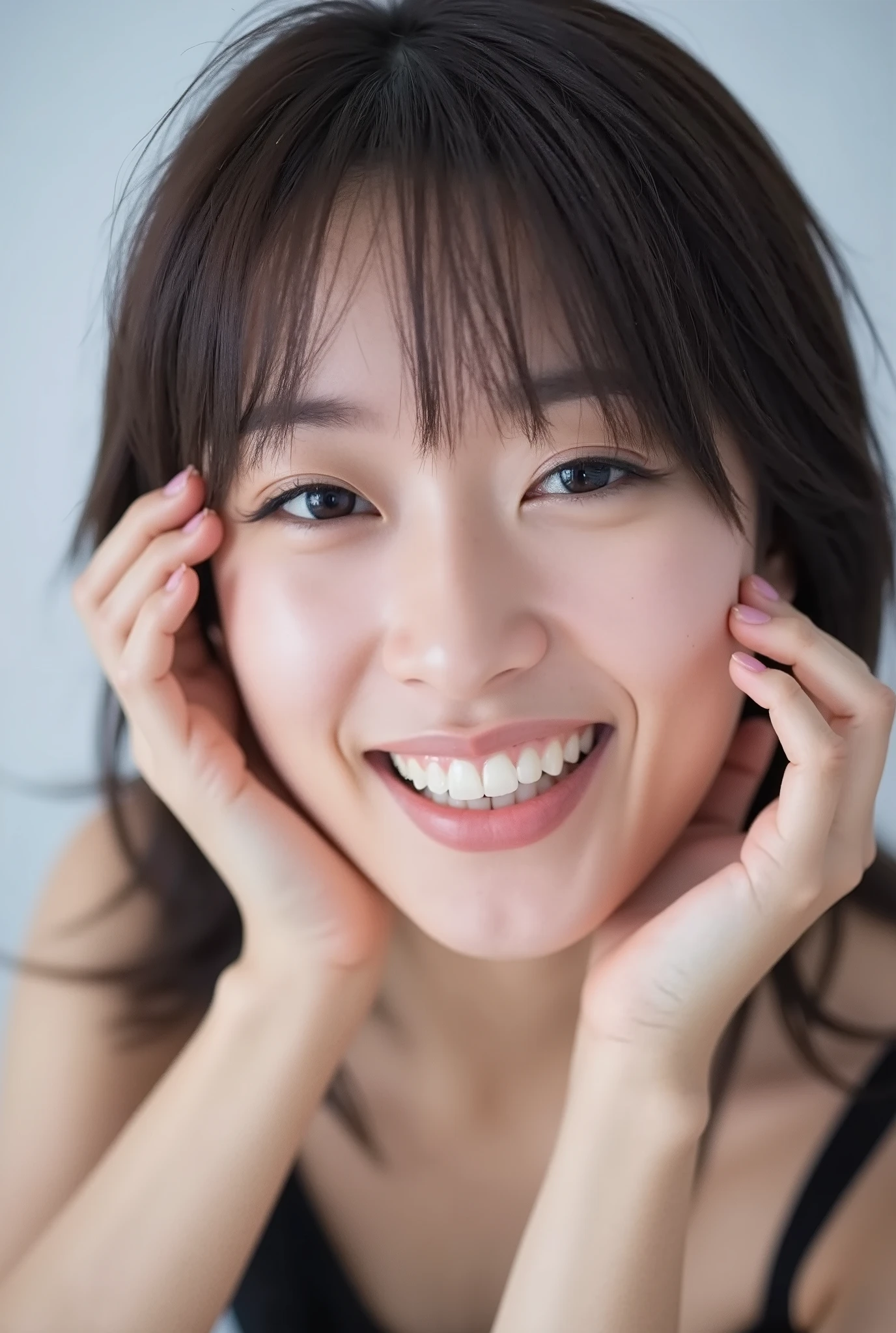 An extreme ultra close-up portrait of a stunningly beautiful young Japanese woman in her early twenties. Her face fills 95% of the frame, captured in cinematic soft lighting. She has a warm skin tone with flushed cheeks, porcelain-smooth complexion, visible soft peach fuzz, and a subtle natural sheen, like a luxury skincare advertisement.
Her expression is completely melted with affection and bashful joy — a wide, trembling smile with parted glossy lips, slightly showing her upper teeth, as if she's barely containing laughter from overwhelming happiness. Both hands gently cup her cheeks with fingers softly curved, fingertips lightly touching beneath her jaw.
She wears a simple black camisole with one shoulder strap slightly falling off, revealing delicate collarbones and emphasizing her emotional vulnerability.
Her straight black hair flows naturally with soft, airy bangs, catching light with silky highlights. Her head is tilted slightly downward with chin tucked in, posture leaning forward gently as if emotionally collapsing.
Her **eyes are huge, moist, and overflowing with sparkling emotion**:
– One eye is winking playfully, the other gazing at the viewer with a **tender, lovestruck look**
– The open eye features **multi-layered crystalline irises**, glowing softly with **bright pastel highlights**, and **heart-shaped catchlights** dancing across the surface
– Her expression feels completely lost in love: sweet, euphoric, and dopey
– Her gaze is slightly dreamy, shimmering with emotional warmth and intimate sparkle
The background is soft, white, and gently blurred with cinematic bokeh. Lighting emphasizes the glow of her skin and the emotional texture of the image. The overall look is hyperrealistic, deeply affectionate, and saturated with a helplessly sweet and bashful mood.
— Expression: melty smile, soft cheeks, emotionally overwhelmed
— Eyes: sparkly, heart-filled, gently glowing, ultra-expressive
— Lighting: cinematic soft white with golden
