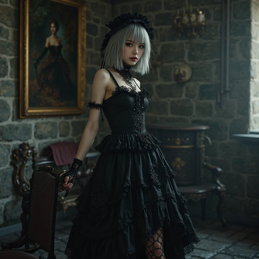  egirl, white hair, straight hair, freckles, devil horns, gothic dress, dog collar, eyeliner, mascara, eye shadow, smoky eyes, pink eyes, nose ring, smile, teeth, bedroom full hd 4k