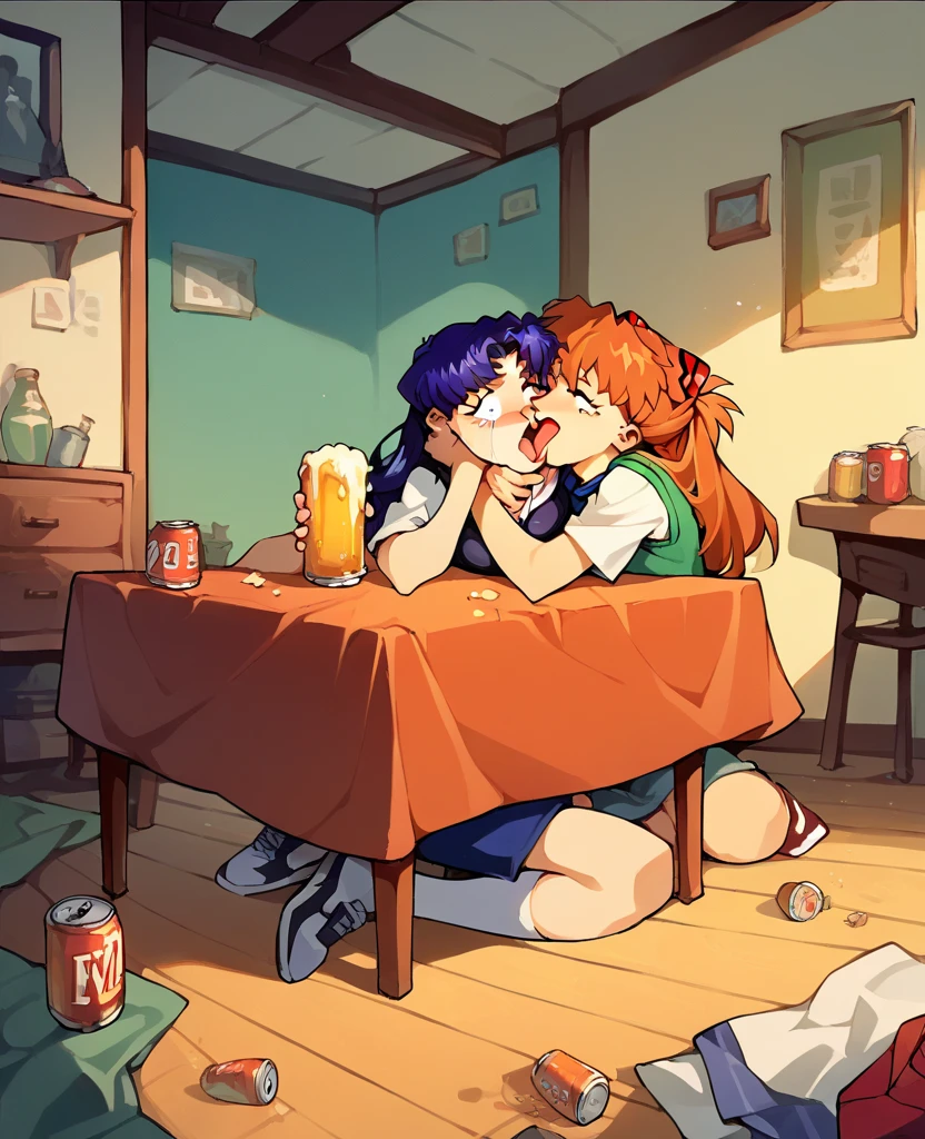 score_9, score_8_up, score_7_up, score_6_up, score_5_up, score_4_up, (source_anime), 2girls, evangellion, asuka langley (small breasts), katsuragi misato (Higher) (big breasts), yuri, Messy apartment, full body, breast sucking, Table In the corner, beer cans, drunk, breast milk, Surprised, Low Illumination, 1Sleeping, Dawn, night
