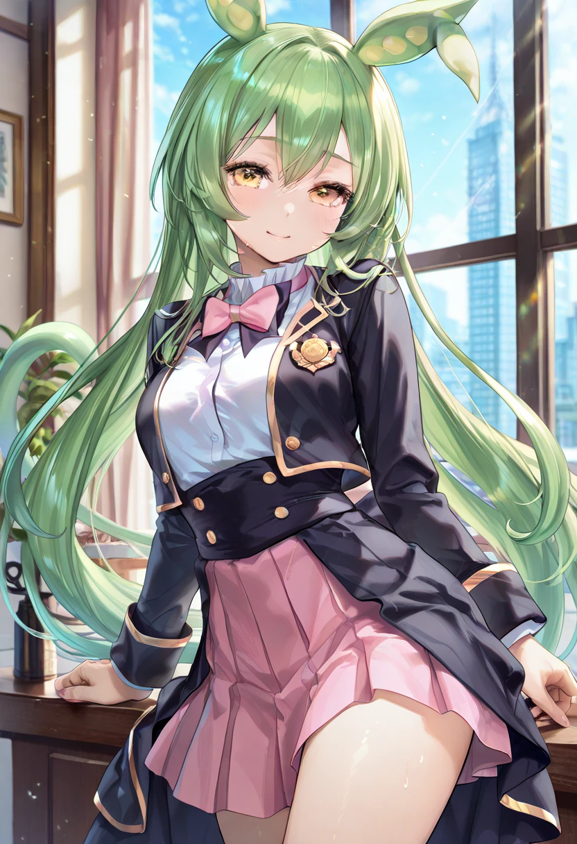 (((Spread your legs)))、Uniform Blazer、Beautiful beauty、Long green hair、((whole body))、(((Photo taken from below)))、school gate、Big Breastini skirt、panties are purple lace、Japanese、tall、Twin tail hairstyle