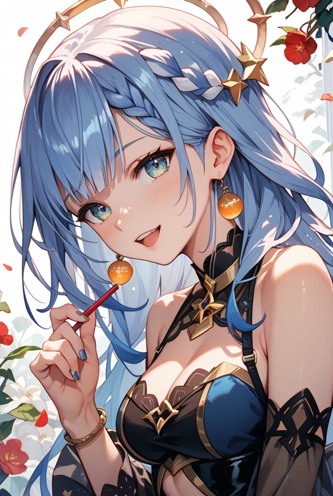 blue_hair, long_hair, bangs, horns, purple_eyes, ahoge, breasts, blush, goat_horns, sidelocks, bell, medium_breasts, large_breasts, neck_bell, ((masterpiece)), (Professional Photography:1.2), camelliamix, from above, flat body, Beautiful flowers bloom, (sparkles), (There is a blooming camellia),standing under a tree, (head looking up), Look at the tree, Natural soft light, macaron, Still ethereal, Crisp and smooth lines, radiant morning light, soft luminescent glow, perfect fingers, (((hand to own mouth)))