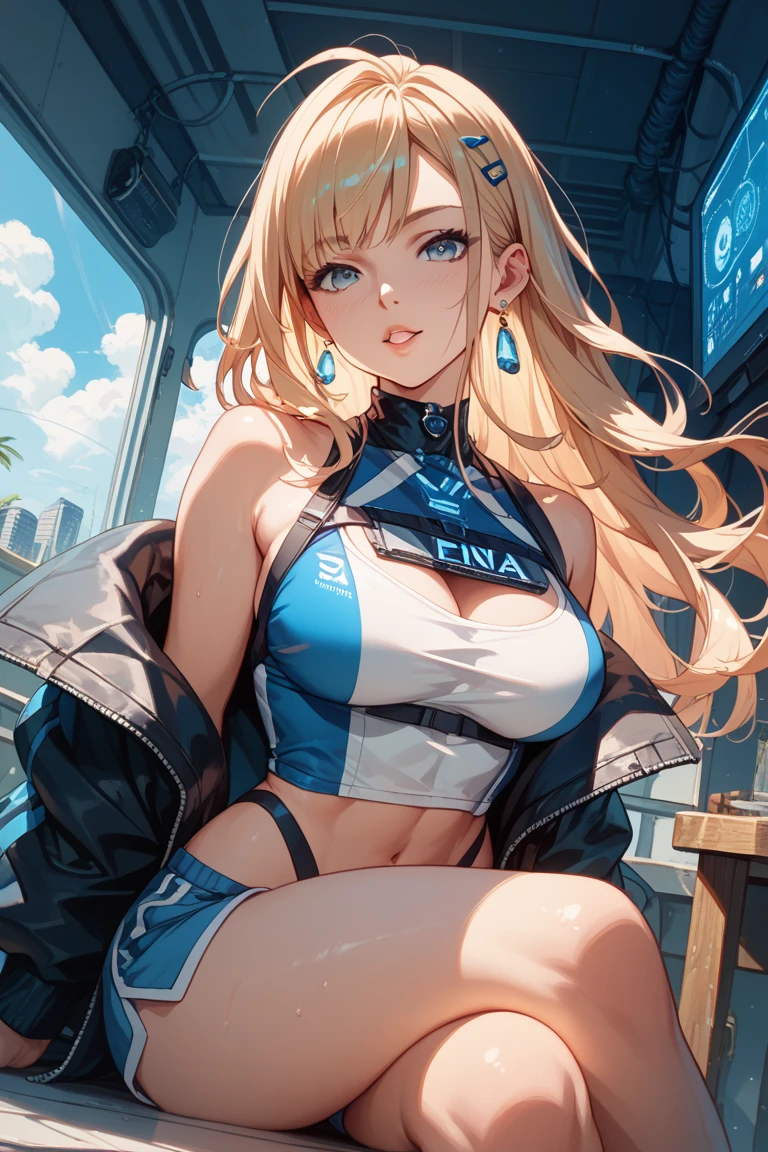 (8K, RAW photo, high quality, masterpiece: 1.2), High-definition RAW color photo, Professional photo shoot, natural light, alone, (((young woman, gal))), (Sharp features), (small face), (high detail skin: 1.2), clavicle, cute face, beautiful appearance, long eyelashes, (rainbow hair, blue eyes), ((have cleavage: 1.2)), (beautiful breasts:1.5), ((very detailed)), (thin:1.4), detailed eye, double eyelids, View with side eye, ((blonde, straight hair)), thin body, ((smile:1.2, Upper eye usage)), big breasts, normal hip joint, green-eyed, composition from above, (((:1.5, Seductive thighs))), staring eye, beautiful dark skin, shiny skin, perfect fingers, five fingers, anatomically correct, high quality, surreal, bright colors, ((very detailed, photo shoot)), 2Full portrait, very slender. Long, red hair. She has blue eyes, wearing a white anime t-shirt blue club jacket, headphones, dj booth, mixing records, live sign in background,