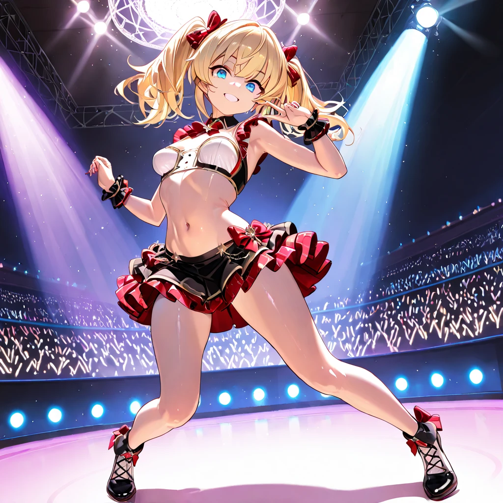masterpiece, highest quality, High resolution, Hmm., Twin tails, tiara, blue eyes, Long Hair, Ahoge, hair ornaments, Idol, dress, gloves, Are standing, Cowboy Shot, smile, Holding a microphone, Open your mouth, stage, Reaching out,R18,Tentacles,Tentacles Restraints,Tentacle insertion,Naughty attack,???????,Costume damage,Naughty expression,View from below,