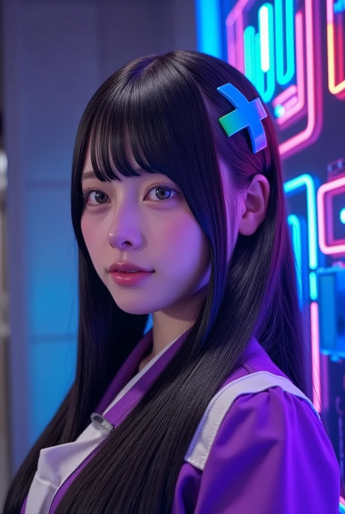 science fiction,Scientific,dark background: draw a neon colored electronic circuit,  cyberstyle  ,Digital Space,energy,((beautiful)),holography,flash,lively,colorful,magic,wide color range, beautifulライトライン .,Shine,beautiful light grains, cyber girl in、(非常に長い紫色のおさげ髪のfemale:  cyber girl in),Optimal Configuration,(anatomically accurate),40s,(((female's details: female wear it ( cyber girl in's black and white purple costume)))),40s,(40s,kind,(anatomically accurate),最high quality,high quality,16k,unbelievably ridiculous,very detailed,beautiful eyes,anime style illustration,Watercolor elements,great color balance,Happy Dreams,element of zentangle,Rendering