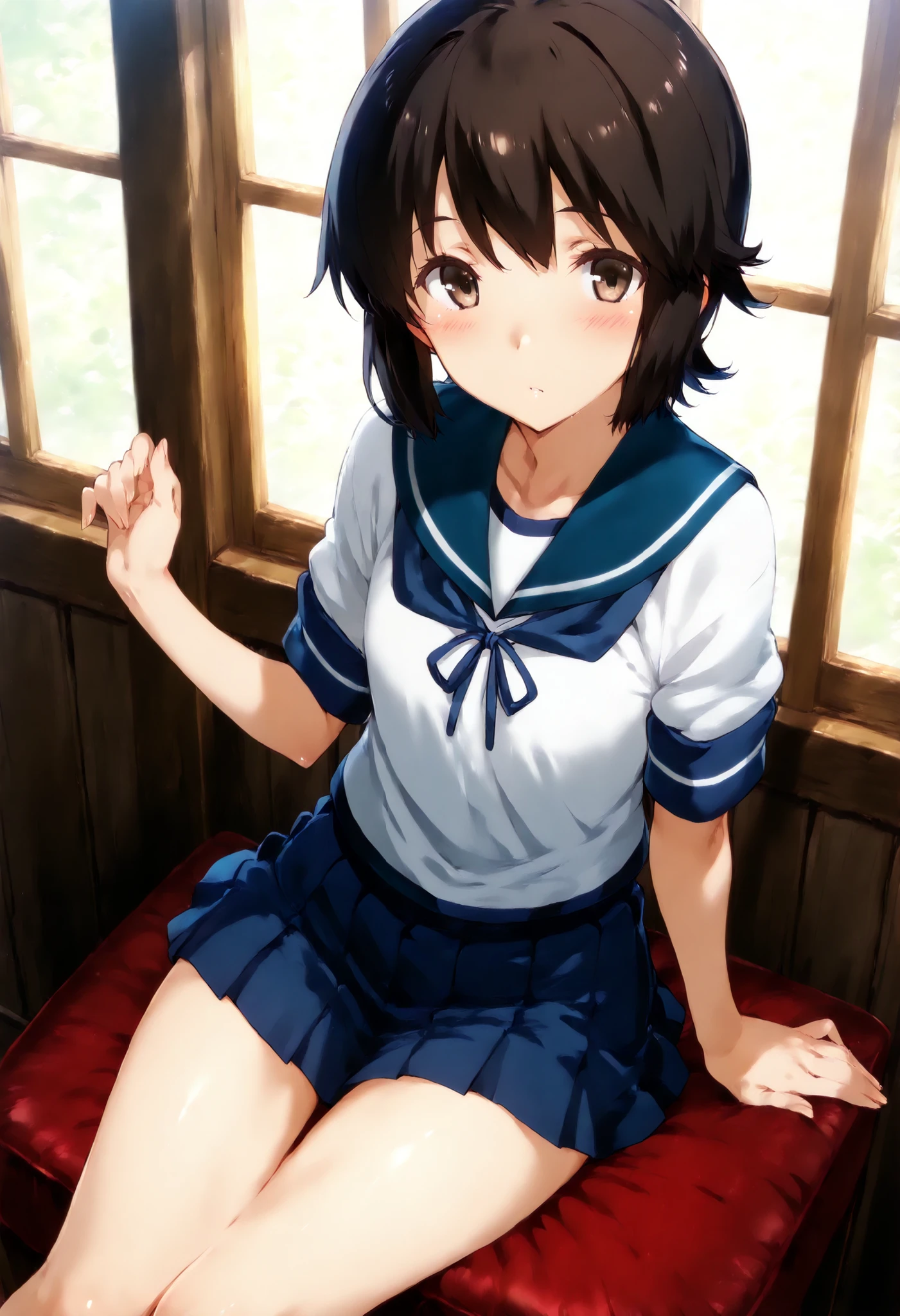 an anime woman with short completely black hair, blue eyes, wearing a school uniform with a small blouse and with a very developed body and large proportions old woman sitting on the bus seat next to me 