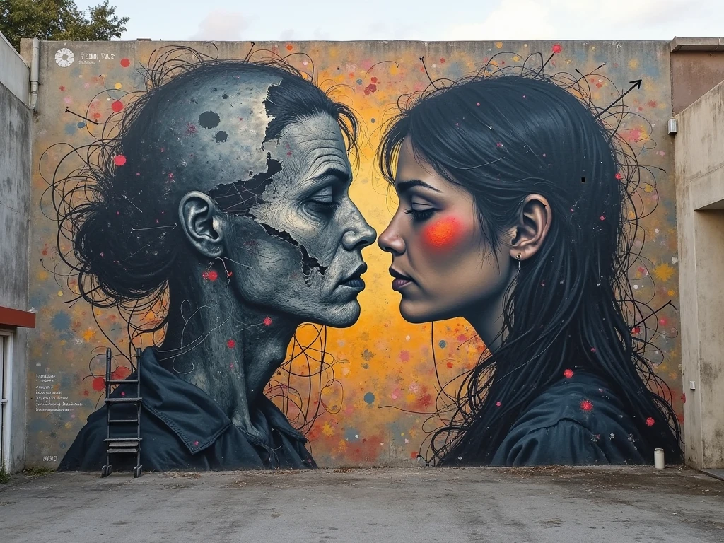 Graffiti Art of a man and a woman kissing on a bench, Art urbain, Love of art, splashed with graffiti art, Street Art, Graffiti urbain Banksy, Urban art style, Sandra Chevrier et John Hoyland, inspired by Sandra Chevrier, graffiti street art, inspired by Banksy, Art graffiti, Street Art, Style Street Art, Art grafitti, Peinture graffiti