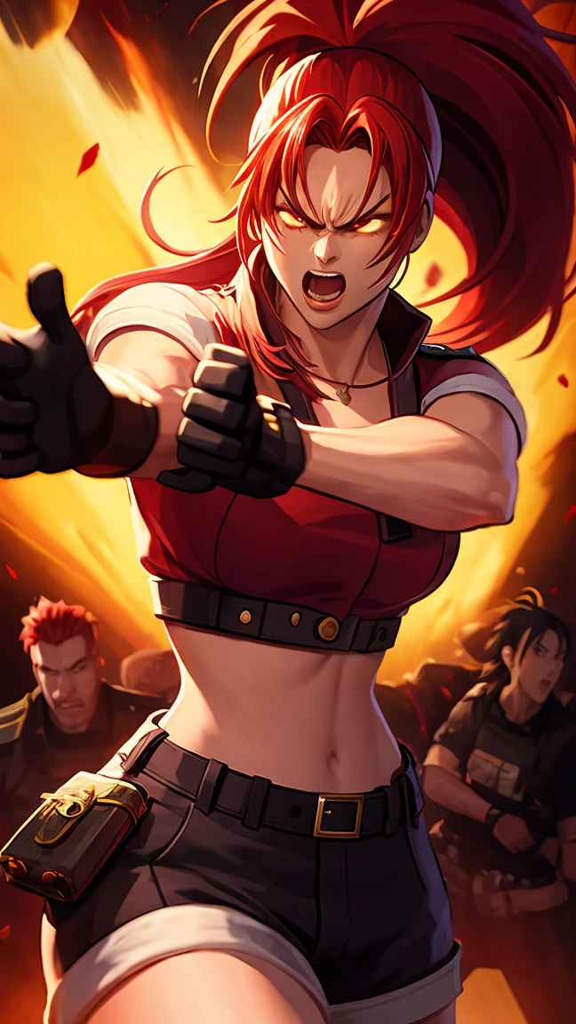 masterpiece,best quality, extremely detailed,8k. Blaze Fielding holding a short knife in her hand, wearing wearing a tight short red skirt, white panties, solo, surprise face, looking down, big breasts, strong, hoops earrings, looking at viewer, smile, long lustrous hair, brown hair, light make up, gloves, navel, cleavage, brown eyes, large breasts, wearing tight red top, salient underboob, broken jacket armor, black fingerless gloves,holding short knife, at a fantasy dungeon alone with tentacles crawling up her leg.
