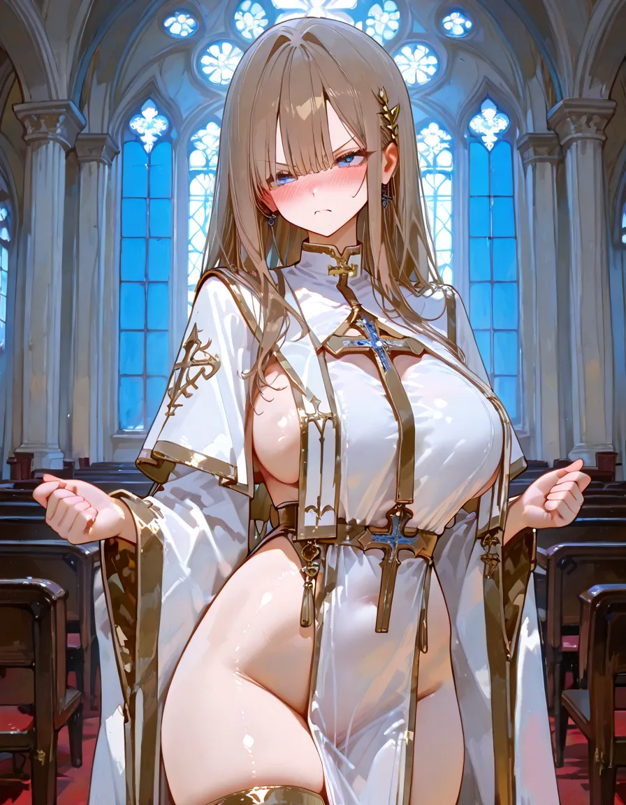 Camel Toe:1.4、(Sweat)、(vapor)、(((Long gloves:1.3)))、、Knee-high socks、Open your thighs wide to the left and right、Crouch on the ground、Show the audience your crotch, (、, Spread your legs:1.3, ))、1、Absurd、、golden headband、Flat lighting、elevation、sexy pose、Highest quality、Complex、Surreal、perspective, Very detailed, Detailed Background, shape、1 Girl、alone、Big Breasts、A light smile, Embarrassing, blush, (()), Long gloves、- Elbow hand pockets、Nipples、sexy、Sensual, Huge breasts, White Chinese Dress, (Chinese dress with slit:1.3),), Bridal Legwear, (Asymmetrical legwear:1.1), Lace trim, (Showgirl skirts, Cross lace skirt, Tight skirt, See-through skirt:0.5), White lace-trimmed gloves, Single Bridal Gauntlet, (Bridal Garter:1.1), A beautiful woman with supple curves, Bare shoulders, Cowboy Shot, church, Bushes, wood, maniac, Dynamic Light, Dynamic Shadows, the wind is strong, stomach,Knee-high socks、Long gloves,Knee-high socks、Long gloves