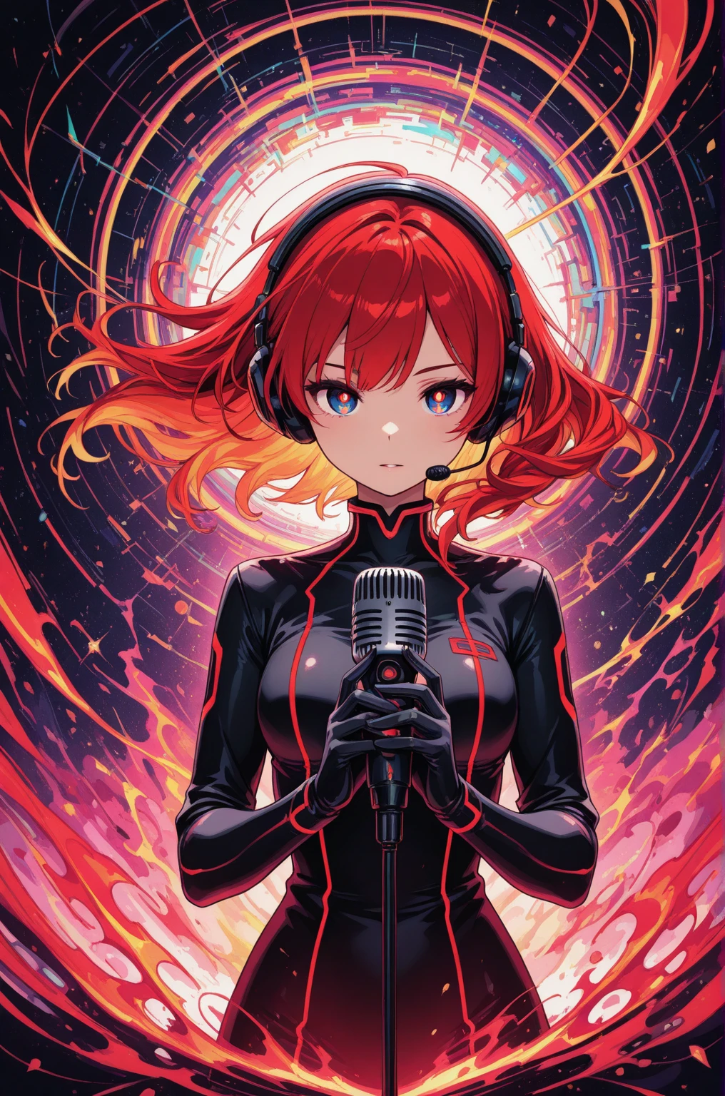 Anime girl, in a short mini skirt, Camera view from below, Black and red hair. 4K 3D