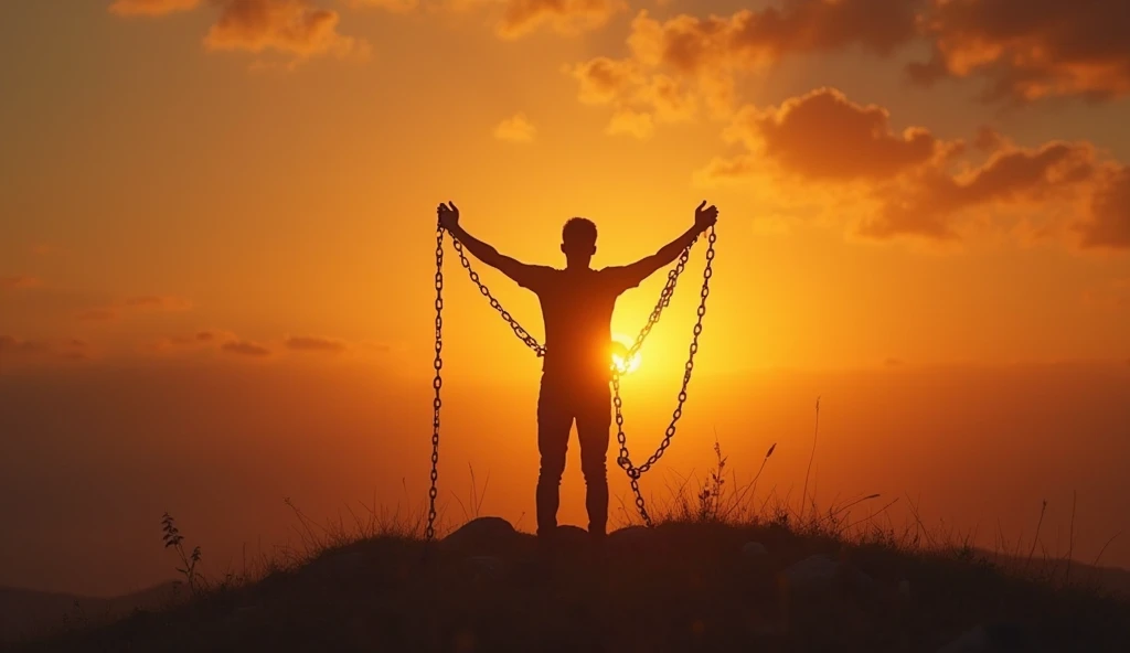 Silhouette of young man alone with beautiful sky at sunset, open both arms with chains on his arms He felt free from the handcuffs tied to his arms