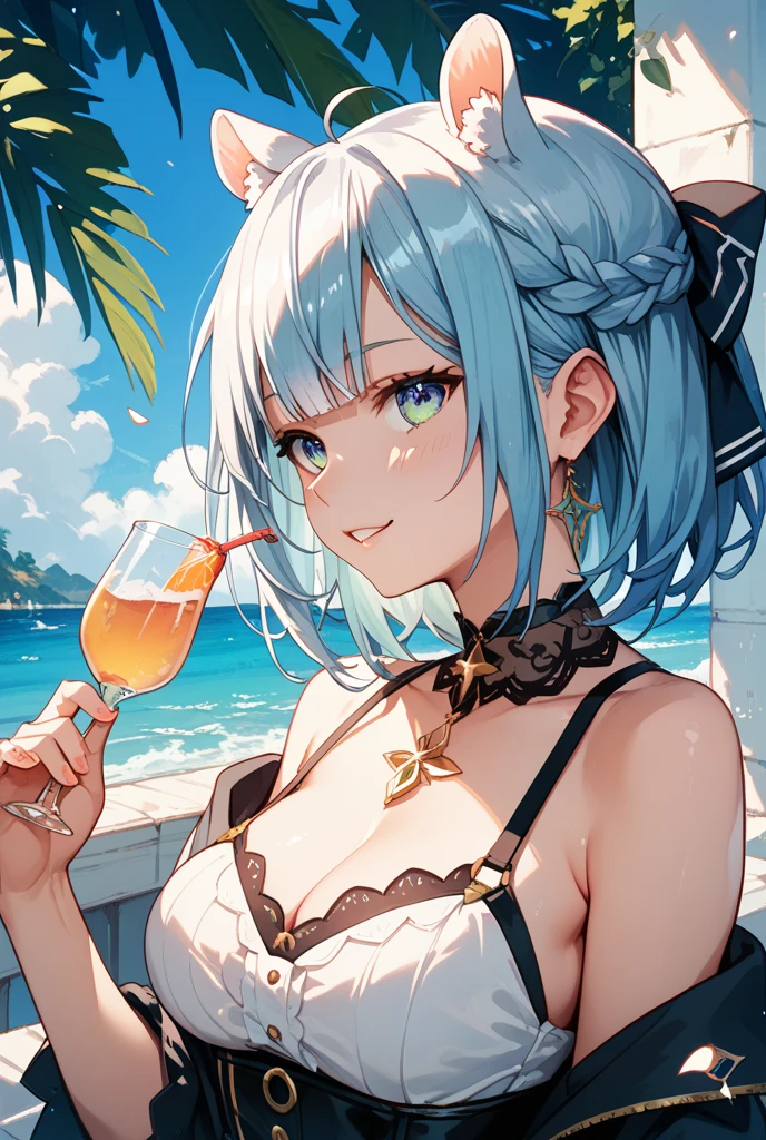1 girl, Furina \(Genshin's influence\), Genshin's influence
. (masterpiece, Best quality:1.2),beach,bikini, newest, Slim body, , big tits, newest, Detailed eyes,Perfect eyes, holding glass of lime drink in front of viewer, Wallpaper