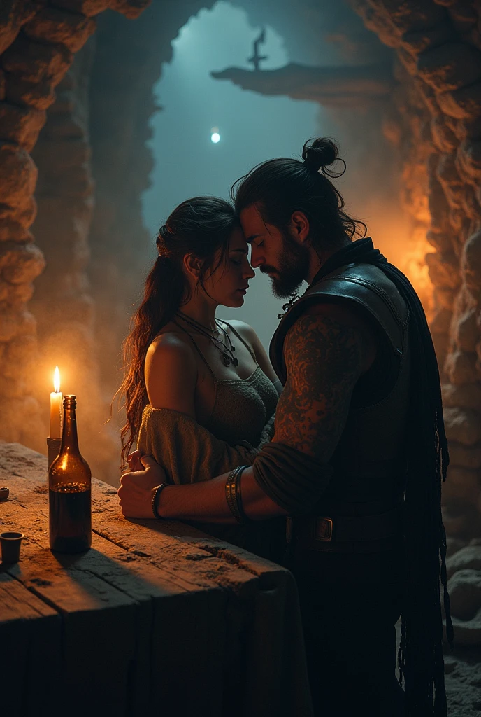 painting of Conan the Barbarian kissing a woman in a room tavern at night, flames, portraits,[oil painting],[detailed characters],[vivid colors],[dimmed lighting],[romantic atmosphere],detailed facial features,warrior with strong muscles and determined expression,feminine charm of the woman with mesmerizing eyes,flowing hair and ruby-red lips,soft candlelight casting warm glow,crackling fire in the fireplace creating a cozy ambiance,barrel tables and wooden chairs adding rustic elements in the room,bottles of wine and tankards of ale on the tables,smoke swirling in the air from the flames,Book of Spells on a dusty shelf,Decorative swords and shields hanging on the walls,bricks and wooden beams creating the rustic architecture,enchanted atmosphere in the tavern,intimate moment captured in the painting,bringing the characters to life,contrast between the powerful warrior and delicate woman,photo-realistic details showcasing every brushstroke,masterpiece that tells a captivating story.