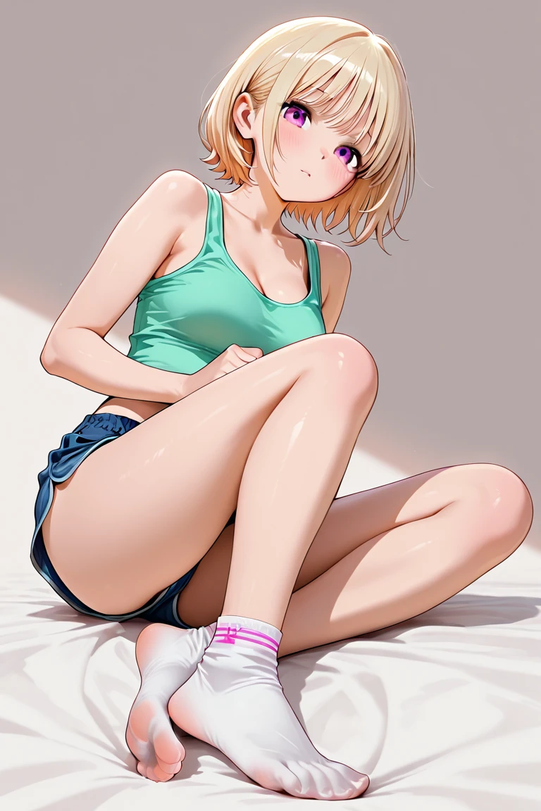 (masterpiece, best quality, hires, high resolution:1.2), (sexy, erotic), (1girl, solo), (young woman), (a sexy woman), (expressive green eyes), (short blonde hair), (bang), (girl slouched on couch), (((wide open legs))), (camel toe), (girl wear short loose cropped shirt), (girl wear tight striped panties), (small breast), (very hot day), (girl is sweating on the couch while watching TV), (perfect hands)