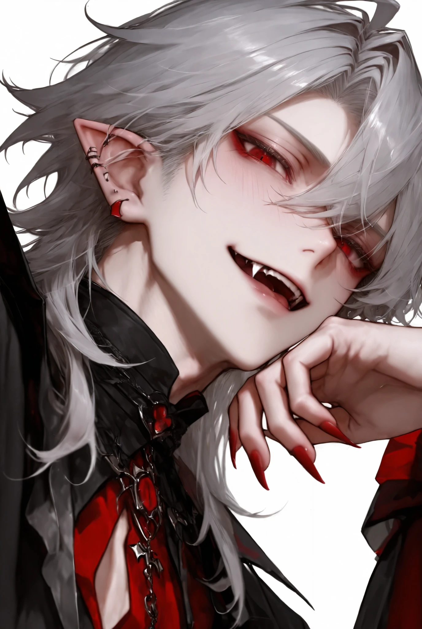 boy、Gray Hair、red eyes、vampire、looking from below、white background