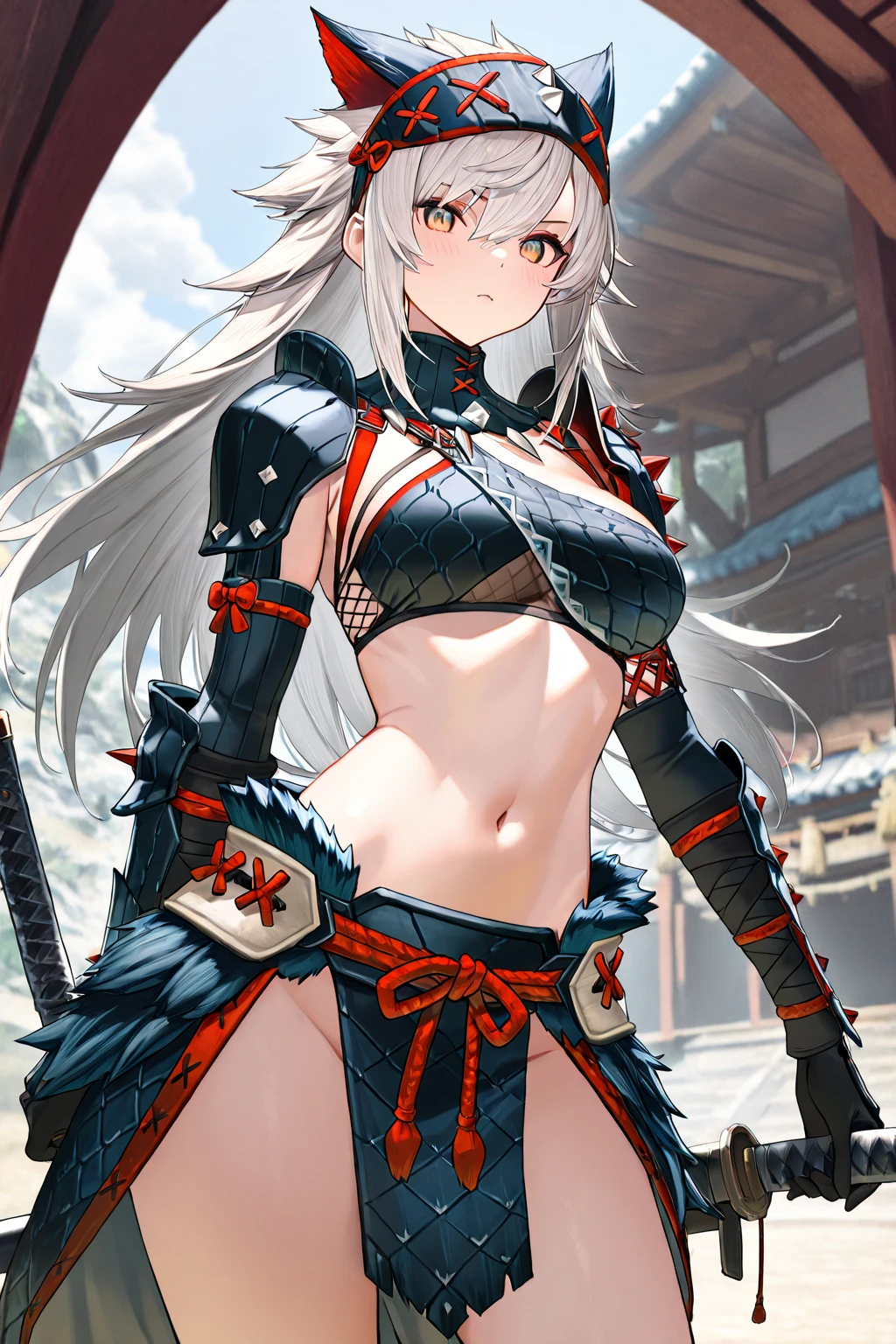 1 Girl Full Body, Elf, Silver Hair, Red Eyes, Bob Cut, Braid, Swordsman, Bikini Armor, Put Both Hands on Their Face, Embarrassing, Blush, Concept Art, Beautiful Anime Scene, Beautiful Anime Landscape, Top Rated on pixiv, Best Quality, 4K