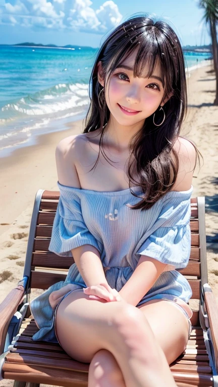 8k、, (highest quality),(RAW Photos), Full body photography、 (Beautiful 9 year old Japanese girl), Cute Face, (Deeply chiseled face:0.7), (freckles:0.4), dappled sunlight, Dramatic lighting, (Denim Sexy Fashion), (At the Beach), shy,, (smile),, (Sparkling eyes)、(sunlight)