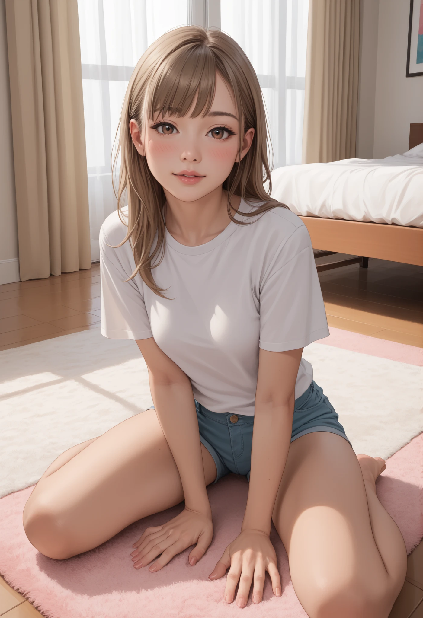 score_9, score_8_up, score_7_up, realistic, nsfw,
looking at viewer, face focus,
white Tshirts,short pants, 
blush,feel so good, 
indoor,  japanese-girl's-room,  curtains, white desk, pastel-color rug, [light brown flooring, bed, ]   