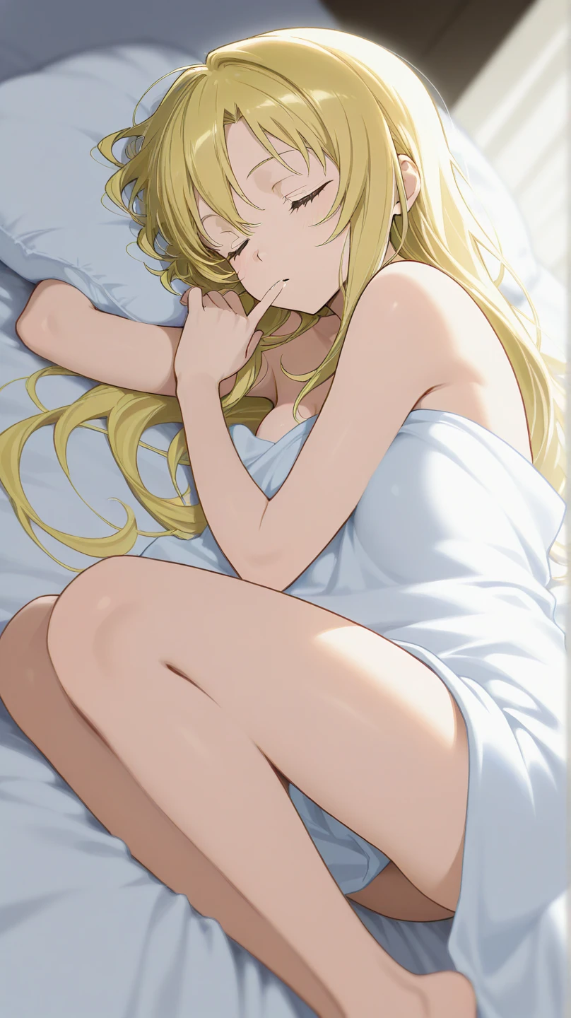 1girl,sleeping,wako_morino,solo,long_hair,absurdres,holding,red_pijama,swept_bangs,brown_hair,highres,holding_hair