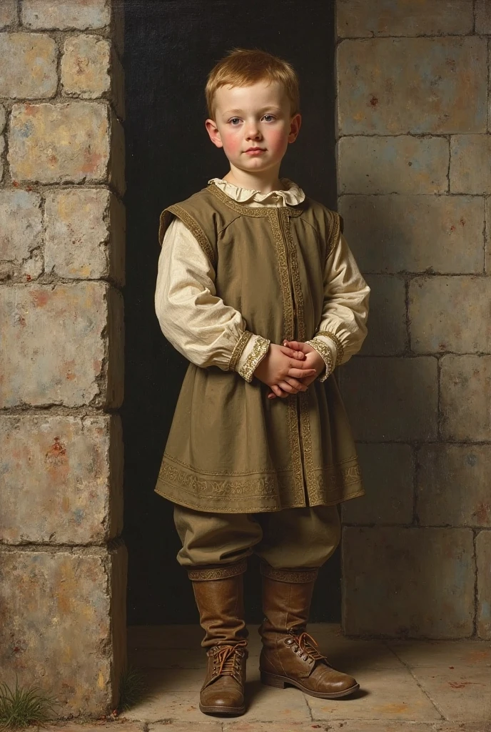 Year: 11th century. Location: Hereford, England. Pre-raphaelite scene with a 10-year-old english boy, surgeon apprentice, selling small jars of medicines, outdoors, ((((11th century plain dull tunic)))) ((11th century hairstyle)), (((cinematic style)))