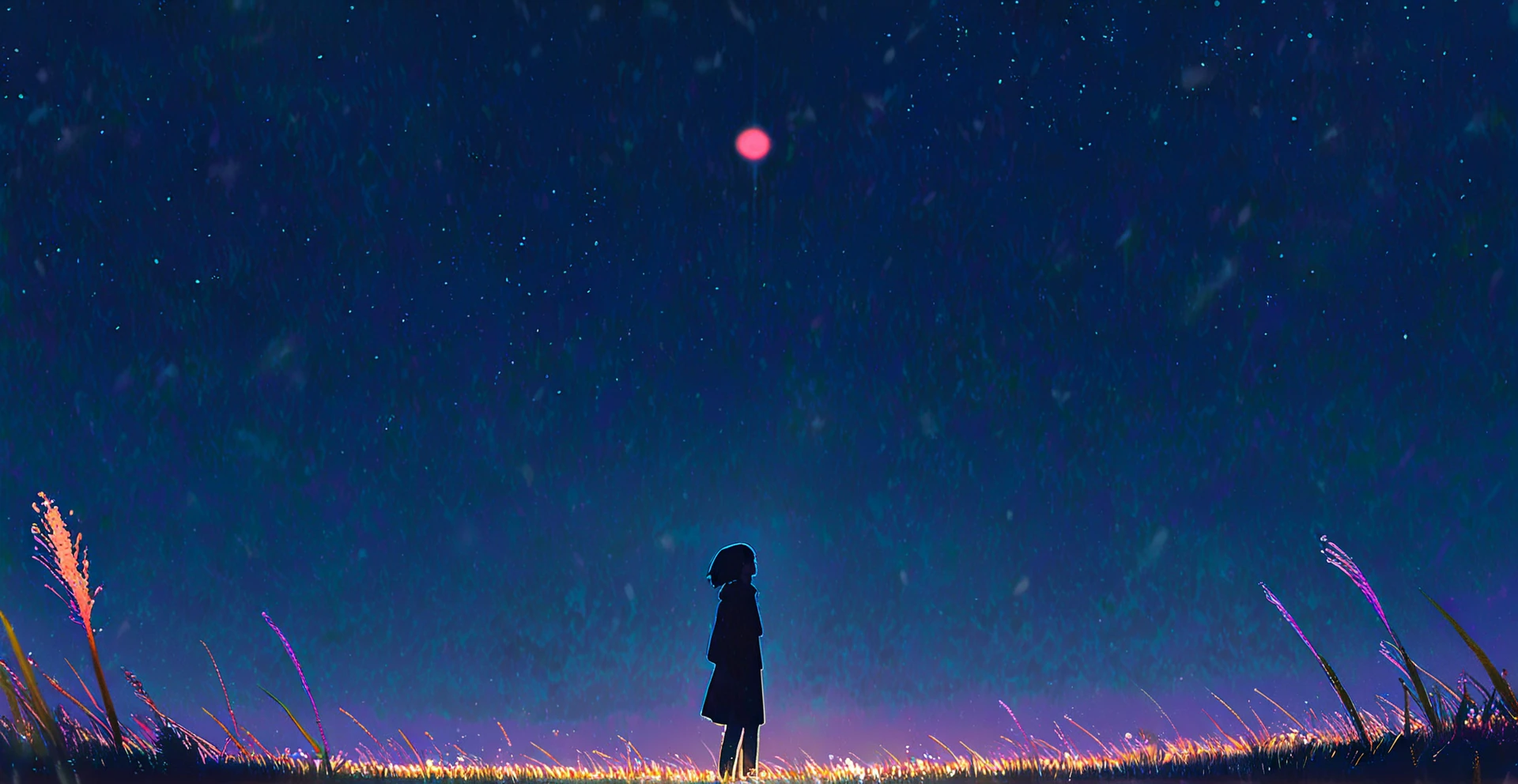 Vast landscape photos、（View from below with a view of the sky and the wilderness below）、Girl standing in a flower field and looking up、bob、Brown hair、pink clothing（fullmoon：1.2）、（shooting stars：0.9）、（nebulas：1.3）、mountain in the distance、Tree BREAK Production Art、(Warm color Light Source:1.2)、(fireflys:1.2)、abajour、Purple and orange、intricate detailes、Volume Lighting BREAK (​masterpiece:1.2)、(top-quality)、4k、ultra-detailliert、（The composition of the movement：1.4）、Highly detailed and colorful details（Irridescent color：1.2）、（glowing lighting、Atmospheric illumination）、dream-like、Magical、（独奏：1.2）