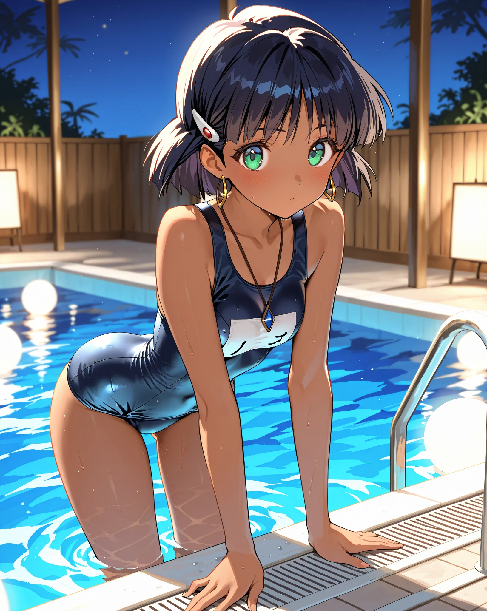 Highest quality、Realistic、、zoom、Primary school students、man、cute、Light grey eyes、Black Hair、short hair、Tanned brown skin、Dark Skin、Swimwear、Flat Chest、、thin、Pool、Sitting with legs crossed、