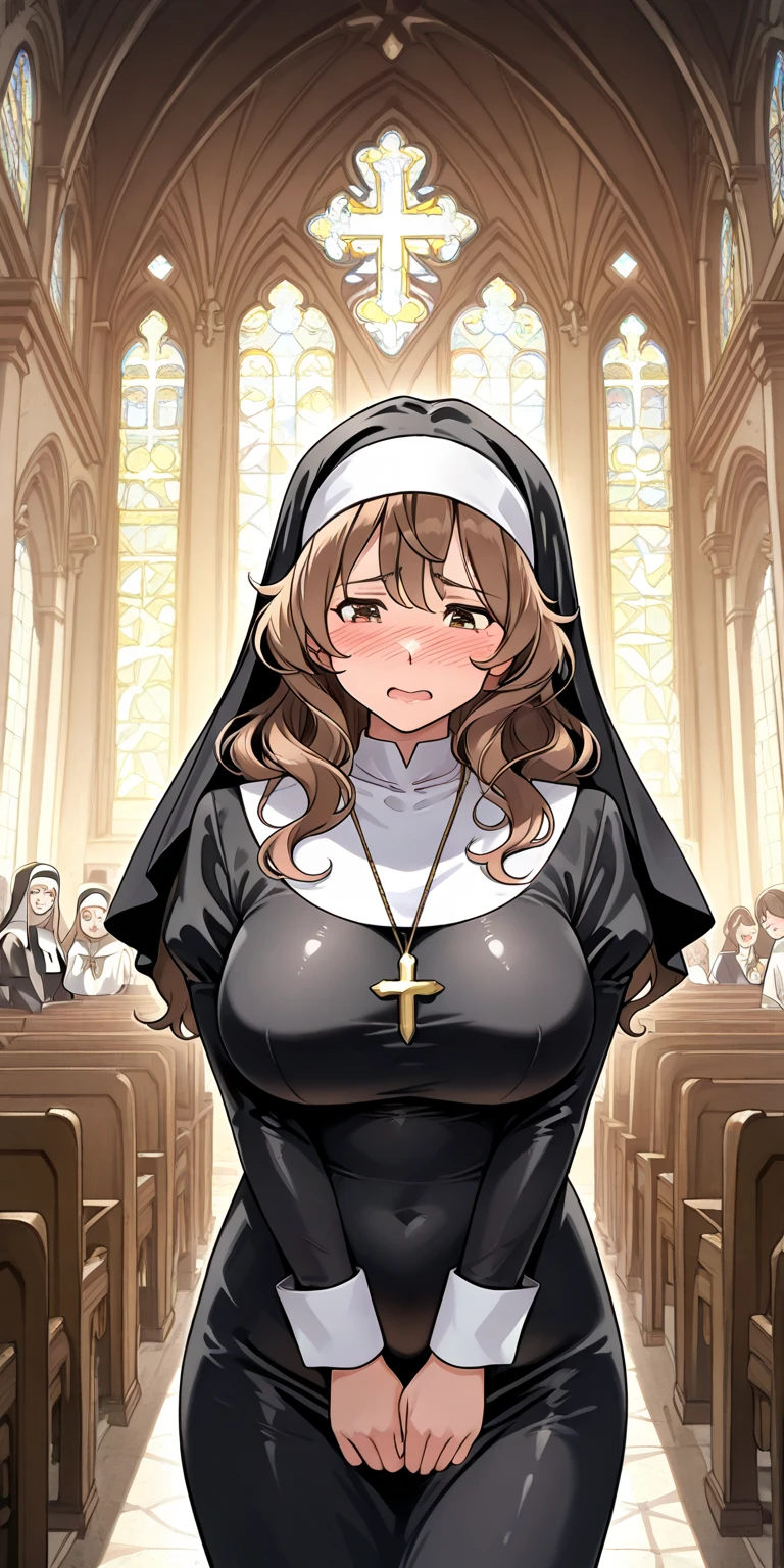 detailed illustration, dynamic angle, ultra-detailed, illustration, 1girl, 18 year old, school girl, wavy brown hair, long hair, bright brown eyes, horrofied, shocked look, wide eyes, amazed eyes, blush, flush, orgasm, cumming, surprised, nun outfit, cathedral, cleavage, panties