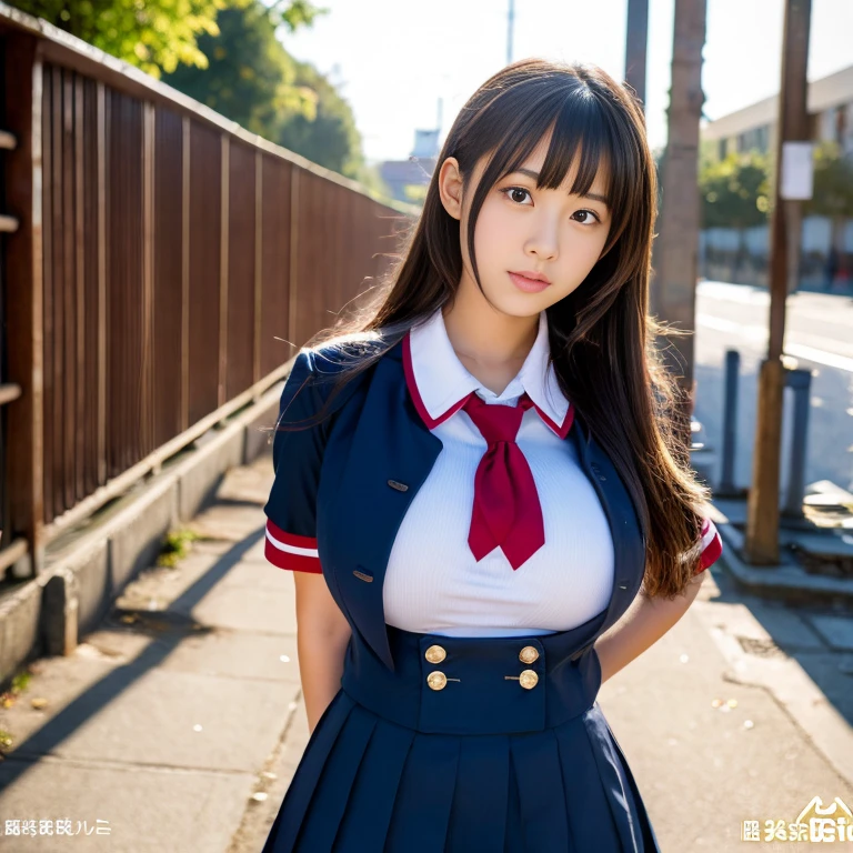 A skinny girl in a school uniform is looking at me with her big breasts hanging out, and I can see her nipples.