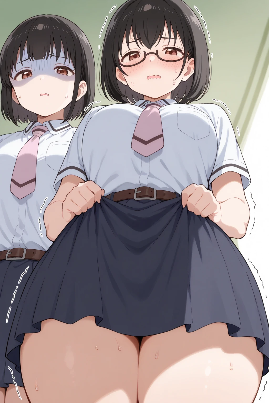 Yukimi, 10., nude, Blunt bangs, Shortcuts,,Flat Chest, Expressionless, shy, whole body, Highest quality, School classroom、pussy、Angle from below、Kneel、(pussy:1.4)、(Masturbation:1.4)、(male'Head between thighs:1.4)、Striped pattern、Embarrassing、Small nipples