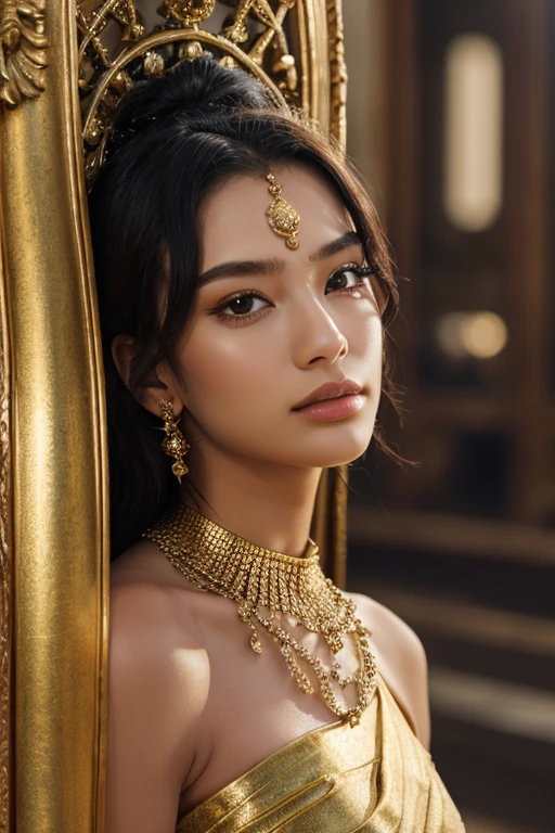beautiful detailed goddess, intricate detailed face, piercing eyes, flawless skin, flowing hair, graceful pose, ethereal presence, glowing light, ornate headdress, ornate jewelry, flowing robes, serene expression, classical styling, warm color palette, chiaroscuro lighting, photorealistic, 8k, (best quality,4k,8k,highres,masterpiece:1.2),ultra-detailed,(realistic,photorealistic,photo-realistic:1.37)