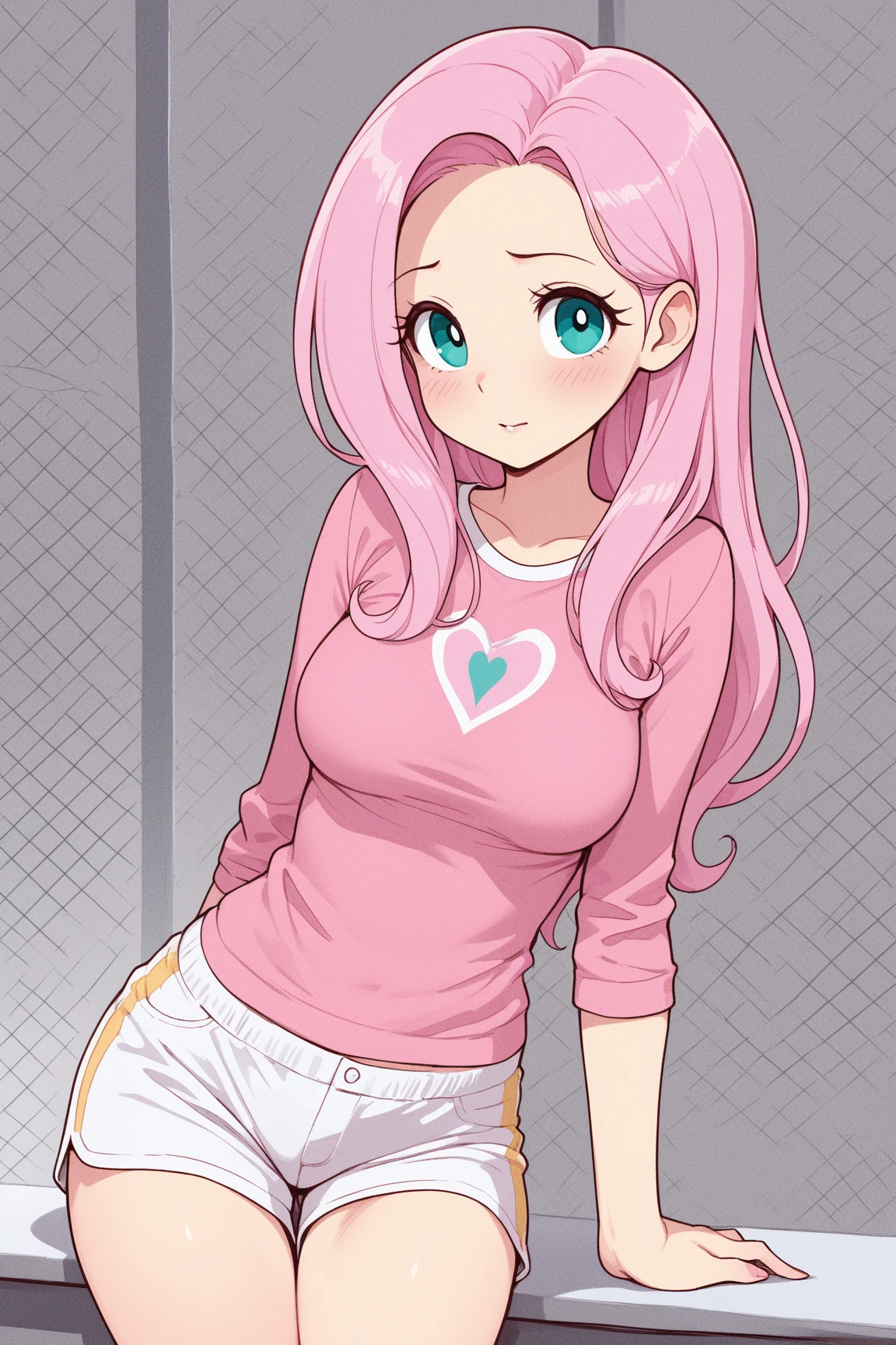 head of&#39;artwork， La meilleure qualité au mieux， 1fille， sakura haruno， mediuml breasts, ssmile，with pink hair， cheveux longs et blancs， （Globes oculaires verts:1.4)， Protection du front  Fente aux cuisses, short and tight pants , tenue du corps, Tight Short Pants,
