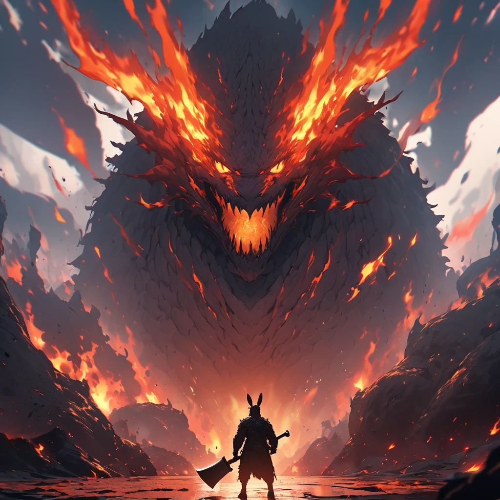 Barren cliffs of grey and brown granite overlooking a deep canyon filled with lava, On the edge of the cliff，Kneeling an anthropomorphic dragon man, He only has one armor belt，Holds a sword in his right hand, The scales on his back and shoulders are dark gray., Tan-colored scales on the inner thighs and chest, The sky is full of stormy thunder clouds