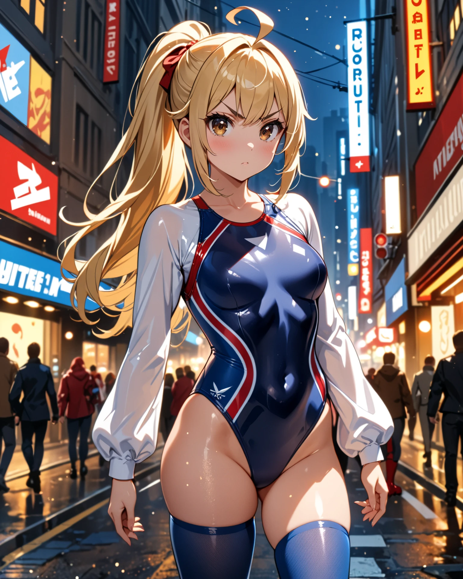 ((masutepiece)), ((Best Quality)), (Ultra-detailed), ((Extremely detailed)), 4K, (8K), Flat color, heavy outline, sharp outline, 1girl in, Solo, Front view, Stunning babe drenched, Light brown braided hair with bangs, Wet skin, Cyberpunk style ivory and blue bikini、With Jacket, under the boobs, Standing in front of a cyberpunk-style apartment complex, Rainy dusk