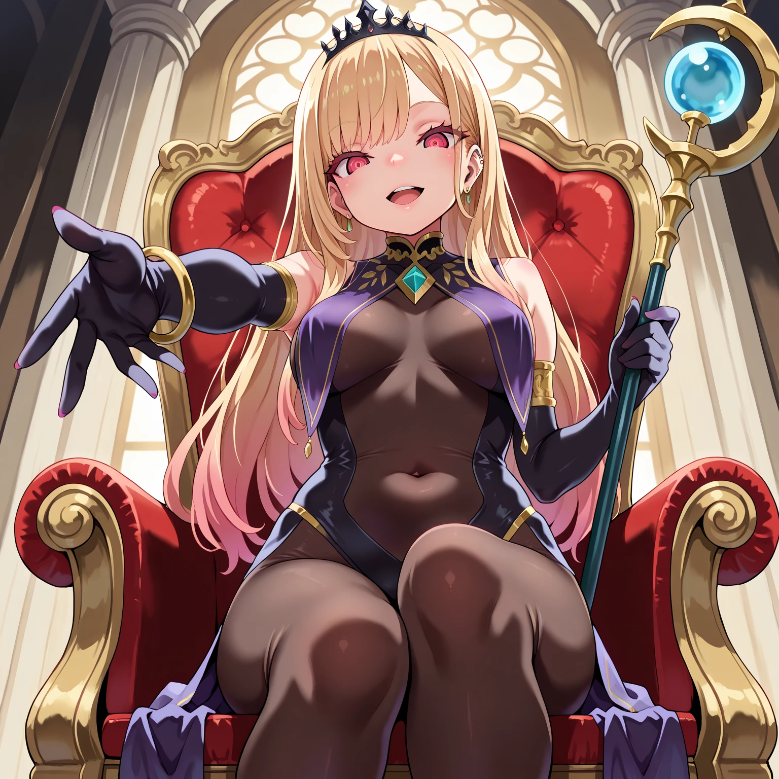 score_9,source_anime,1girl,solo,crown,armored_dress,smile,serious,holding wand,large breasts,from from below,cleavage,blonde hair,twin braids,long hair,dark green eyes,earrings,oni horns,upper body,chair,black cape,throne room,<lora:Etrian_Odyssey_XL:0.8>,