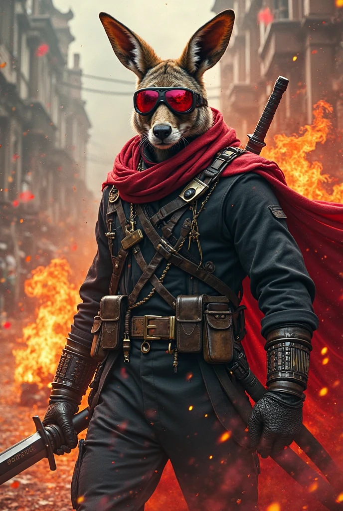 a young female student in a soviet military uniform, with a wolf mask and clown makeup, wielding supernatural powers, engaged in a legendary battle as a death dealing heroine, ultra detailed, cinematic, dramatic lighting, dark fantasy, moody colors, masterpiece, 8k, photorealistic