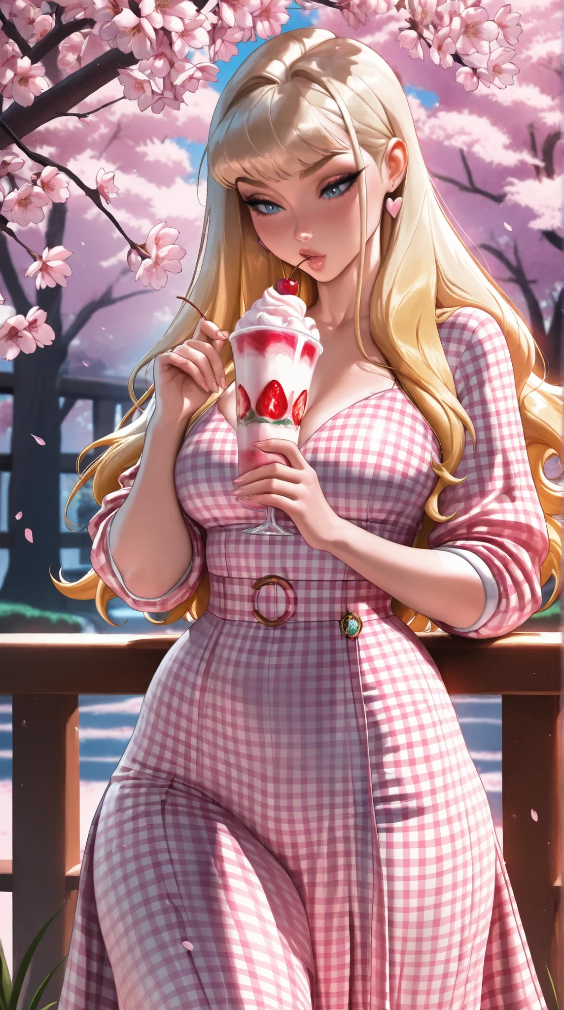 (TangoBat:0.7),(Sakimichan:0.7),a beautiful blonde woman, pin-up style, gingham dress, drinking a strawberry milkshake, cherry blossoms, soft lighting, detailed face, intricate hair, ultra-detailed, intricate details,masterpiece, best quality, amazing quality, hyper-detailed, newest, very aesthetic