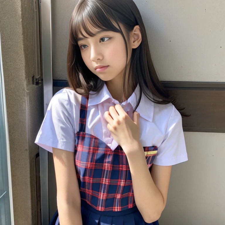 Young woman posing in front of an indoor wall。She is wearing a light white jacket、Under the jacket she is wearing a green and white checked blouse.。The blouse has a ribbon tied around the neck.、It creates a casual atmosphere。Her hair is black、With long straight hair、I have bangs。The hair hangs naturally around the shoulders.。She is wearing a denim skirt、The skirt has several large buttons on the front.。Provocative gaze and expression、(Makes your face smaller:1.4)、Small head、Clear skin、((Best image quality))、 ((High resolution))、Portrait of a cute 14-year-old Japanese girl