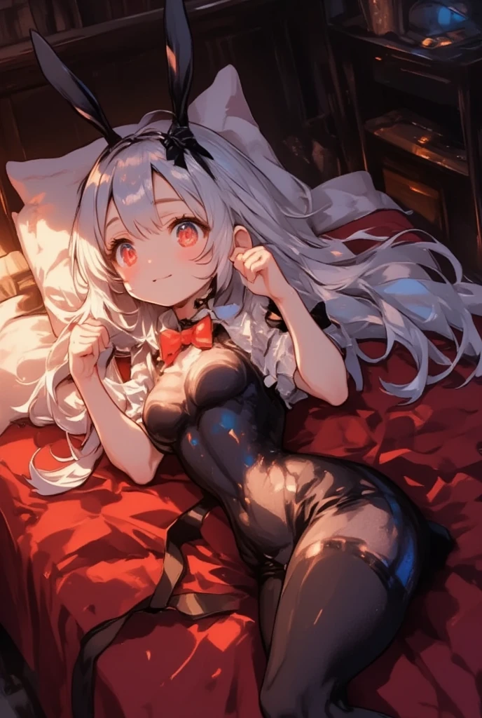 1 Girl Full Body, Bunny Girl, Leotard, Fishnet Stockings, Elf, Silver Hair, Red Eyes, Bob Cut, Braid, Hands on Their Face, On Bed, Sleeping, Embarrassed, Blushing, Concept Art, Beautiful Anime Scene, Beautiful Anime Landscape, Top Rated on pixiv, Best Quality, 4K