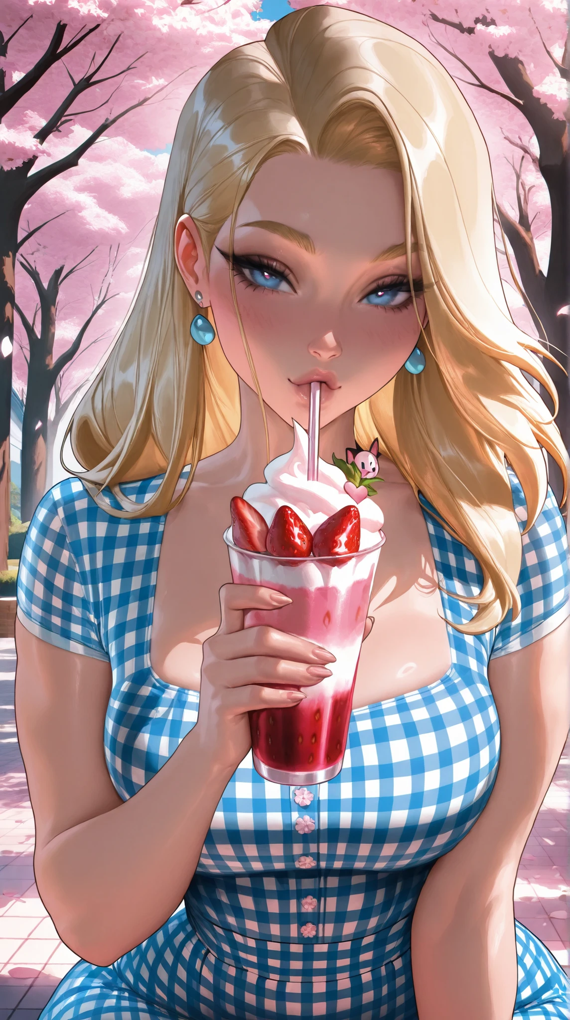 (TangoBat:0.7),(Sakimichan:0.7), dreamy, wistful blonde woman, pin-up style, gingham dress, drinking a strawberry milkshake, under cherry blossoms, soft sunlight, delicate features, playful expression, highly detailed, ultra-detailed, intricate details,masterpiece, best quality, amazing quality, hyper-detailed, newest, very aesthetic
